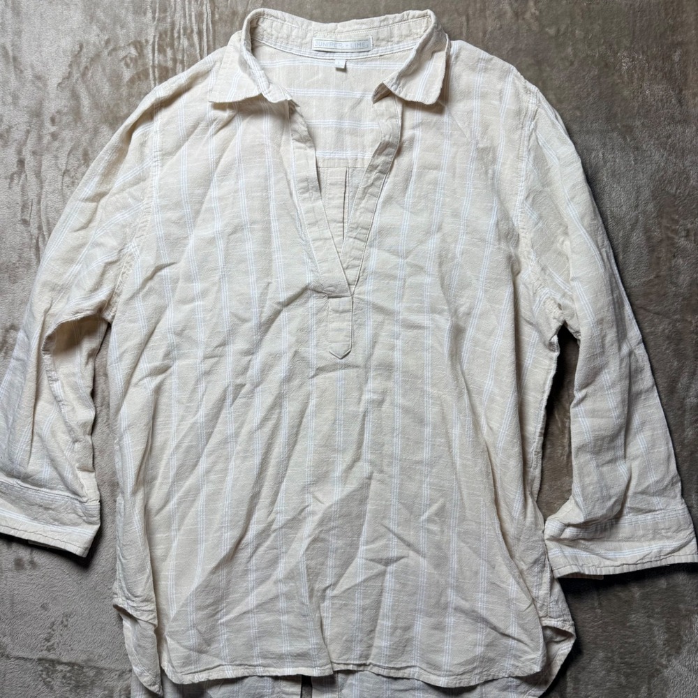 Juniper + Lime  Cotton Gauze V-Neck Button Back Shirt L Summer Coastal Nautical‎
